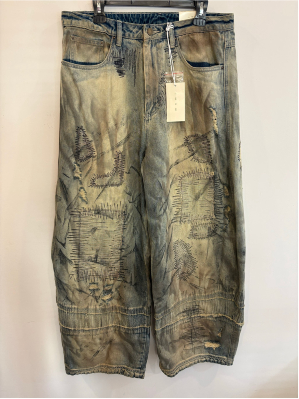 MNML Stitched Barrel Denim Jeans vtg Blue Patchwork Distressed NWT Size 34 #GH